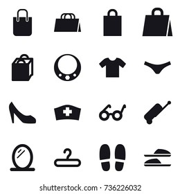 16 vector icon set : shopping bag, necklace, t-shirt, underpants, shoes, suitcase, mirror, hanger, slippers