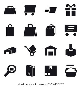 16 vector icon set : shopping bag, delivery, gift, warehouse, package, washing powder
