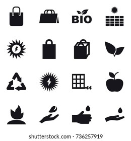 16 vector icon set : shopping bag, bio, sun power, apple, sprouting, hand leaf, hand drop, hand and drop