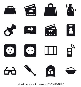 16 vector icon set : shopping bag, credit card, cleanser, nipple, identity card, power socket, window, garbage bag, foam basin