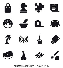 16 vector icon set : shopping bag, chess horse, puzzle, shopping list, donut, measuring tape, stadium, palm, wireless, scoop, pear, clothespin, toilet brush