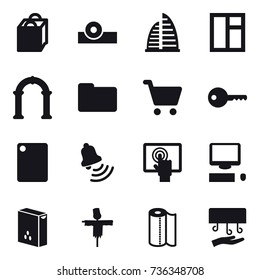 16 vector icon set : shopping bag, skyscraper, window, arch, key, cutting board, bell, scarecrow, paper towel, hand dryer