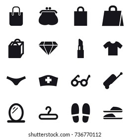 16 vector icon set : shopping bag, purse, diamond, lipstick, t-shirt, underpants, suitcase, mirror, hanger, slippers