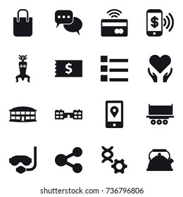 16 Vector Icon Set : Shopping Bag, Discussion, Tap To Pay, Phone Pay, Dna Modify, Receipt, List, Airport Building, School, Diving Mask, Kettle