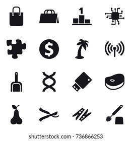 16 vector icon set : shopping bag, pedestal, chip, puzzle, dollar coin, palm, wireless, scoop, pear, pruner, clothespin, toilet brush