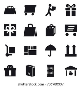 16 vector icon set : shopping bag, delivery, courier, gift, cargo stoller, warehouse