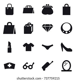16 vector icon set : shopping bag, purse, diamond, necklace, lipstick, t-shirt, underpants, shoes, suitcase, mirror