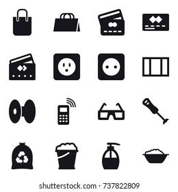 16 vector icon set : shopping bag, credit card, power socket, window, garbage bag, foam bucket, liquid soap, foam basin
