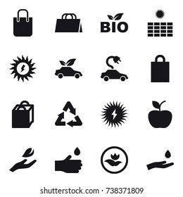 16 vector icon set : shopping bag, bio, sun power, eco car, electric car, apple, hand leaf, hand drop, ecology, hand and drop