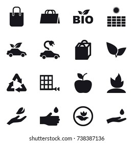 16 vector icon set : shopping bag, bio, sun power, eco car, electric car, apple, sprouting, hand leaf, hand drop, ecology, hand and drop