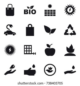 16 vector icon set : shopping bag, bio, sun power, electric car, apple, sprouting, hand leaf, hand drop, ecology, hand and drop