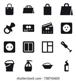 16 vector icon set : shopping bag, nipple, credit card, power socket, power switch, window, foam bucket, liquid soap, foam basin, toilet cleanser