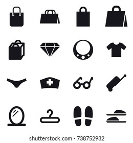 16 vector icon set : shopping bag, diamond, necklace, t-shirt, underpants, suitcase, mirror, hanger, slippers