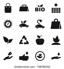 16 vector icon set : shopping bag, bio, sun power, eco car, electric car, apple, sprouting, hand leaf, hand drop, ecology, hand and drop