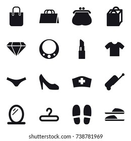 16 vector icon set : shopping bag, purse, diamond, necklace, lipstick, t-shirt, underpants, shoes, suitcase, mirror, hanger, slippers