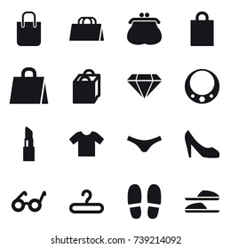 16 vector icon set : shopping bag, purse, diamond, necklace, lipstick, t-shirt, underpants, shoes, hanger, slippers