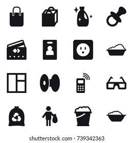 16 vector icon set : shopping bag, cleanser, nipple, credit card, identity card, power socket, washing, window, garbage bag, trash, foam bucket, foam basin