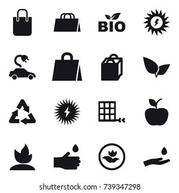 16 vector icon set : shopping bag, bio, sun power, electric car, apple, sprouting, hand drop, ecology, hand and drop