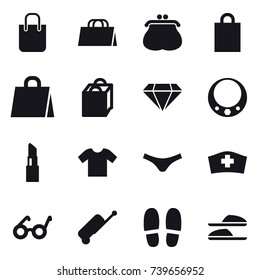 16 vector icon set : shopping bag, purse, diamond, necklace, lipstick, t-shirt, underpants, suitcase, slippers