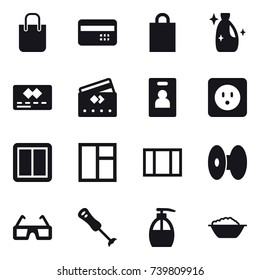 16 vector icon set : shopping bag, credit card, cleanser, identity card, power socket, power switch, window, liquid soap, foam basin