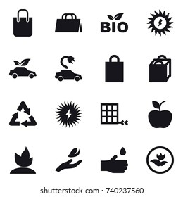 16 vector icon set : shopping bag, bio, sun power, eco car, electric car, apple, sprouting, hand leaf, hand drop, ecology