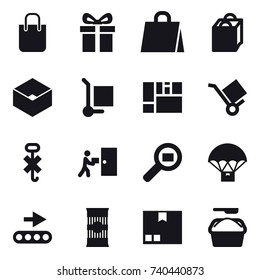 16 vector icon set : shopping bag, gift, box, cargo stoller, package, washing powder