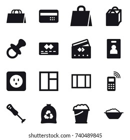 16 vector icon set : shopping bag, credit card, nipple, identity card, power socket, window, garbage bag, foam bucket, foam basin