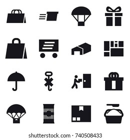 16 vector icon set : shopping bag, delivery, parachute, gift, warehouse, package, washing powder
