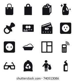 16 vector icon set : shopping bag, cleanser, nipple, credit card, power socket, washing, window, garbage bag, trash, toilet cleanser
