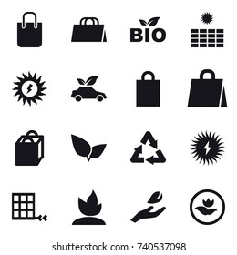 16 vector icon set : shopping bag, bio, sun power, eco car, sprouting, hand leaf, ecology