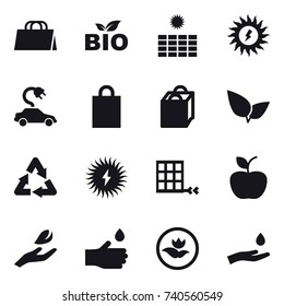 16 vector icon set : shopping bag, bio, sun power, electric car, apple, hand leaf, hand drop, ecology, hand and drop