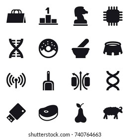 16 vector icon set : shopping bag, pedestal, chess horse, chip, dna, donut, stadium, wireless, scoop, pear, sheep