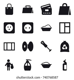 16 vector icon set : shopping bag, credit card, power socket, washing, window, garbage bag, trash, liquid soap, foam basin, toilet cleanser