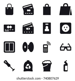 16 vector icon set : shopping bag, credit card, identity card, power socket, power switch, garbage bag, foam bucket, toilet cleanser