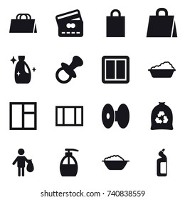 16 vector icon set : shopping bag, credit card, cleanser, nipple, power switch, washing, window, garbage bag, trash, liquid soap, foam basin, toilet cleanser