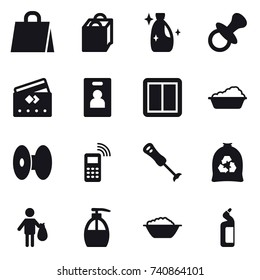 16 vector icon set : shopping bag, cleanser, nipple, credit card, identity card, power switch, washing, garbage bag, trash, liquid soap, foam basin, toilet cleanser