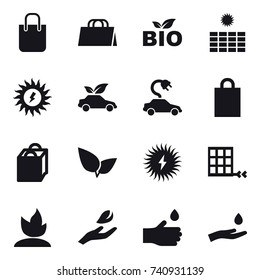 16 vector icon set : shopping bag, bio, sun power, eco car, electric car, sprouting, hand leaf, hand drop, hand and drop