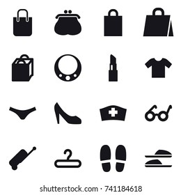 16 vector icon set : shopping bag, purse, necklace, lipstick, t-shirt, underpants, shoes, suitcase, hanger, slippers