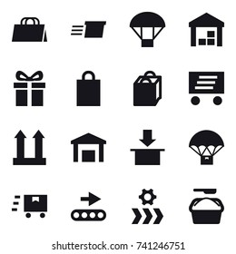 16 vector icon set : shopping bag, delivery, parachute, warehouse, gift, washing powder