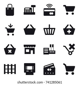 16 Vector Icon Set : Shopping Bag, Cashbox, Tap To Pay, Cart, Add To Cart, Basket, Add To Basket, Delete Cart, Shop, Store, Atm, Credit Card