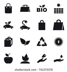 16 vector icon set : shopping bag, bio, sun power, eco car, electric car, apple, sprouting, hand leaf, hand and drop