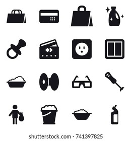 16 vector icon set : shopping bag, credit card, cleanser, nipple, power socket, power switch, washing, trash, foam bucket, foam basin, toilet cleanser