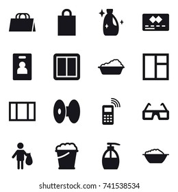 16 vector icon set : shopping bag, cleanser, identity card, power switch, washing, window, trash, foam bucket, liquid soap, foam basin
