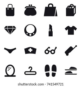 16 vector icon set : shopping bag, purse, diamond, necklace, lipstick, t-shirt, underpants, suitcase, mirror, hanger, slippers