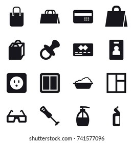 16 vector icon set : shopping bag, credit card, nipple, identity card, power socket, power switch, washing, window, liquid soap, toilet cleanser