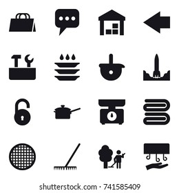 16 vector icon set : shopping bag, message, warehouse, left arrow, repair tools, plate washing, saute pan, kitchen scales, towel, rake, garden cleaning, hand dryer