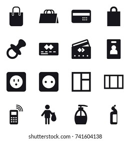 16 vector icon set : shopping bag, credit card, nipple, identity card, power socket, window, trash, liquid soap, toilet cleanser