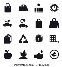 16 vector icon set : shopping bag, sun power, eco car, electric car, apple, sprouting, hand drop, ecology