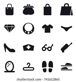 16 vector icon set : shopping bag, purse, diamond, necklace, t-shirt, underpants, shoes, suitcase, mirror, hanger, slippers