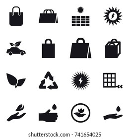 16 vector icon set : shopping bag, sun power, eco car, hand leaf, hand drop, ecology, hand and drop